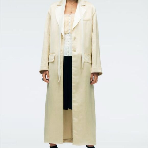 Zara Long Cream Coat Linen Blend Coat with Topstitching, - Picture 1 of 8
